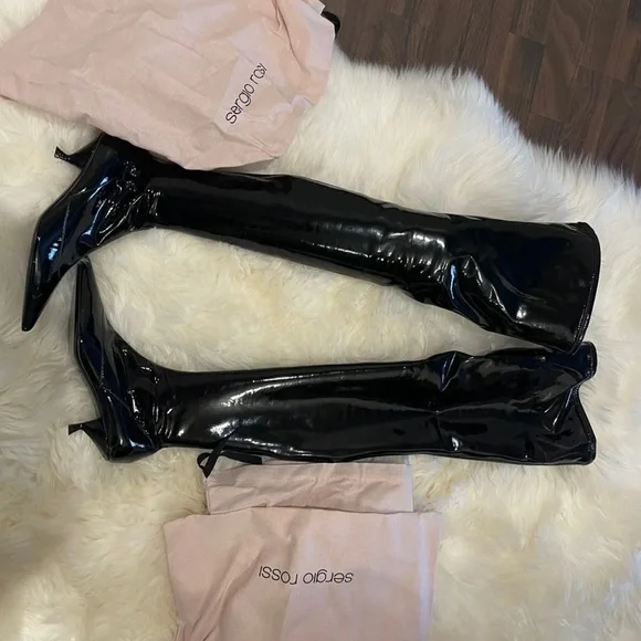 Sergio Rossi Halima pointed boots Over The Knee Black Paten Leather 37.5 NWB